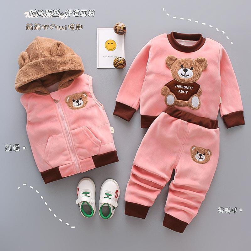 Children'S Clothing 2024 New Korean Version Cartoon Plush Bear Three-Piece Set Autumn And Winter