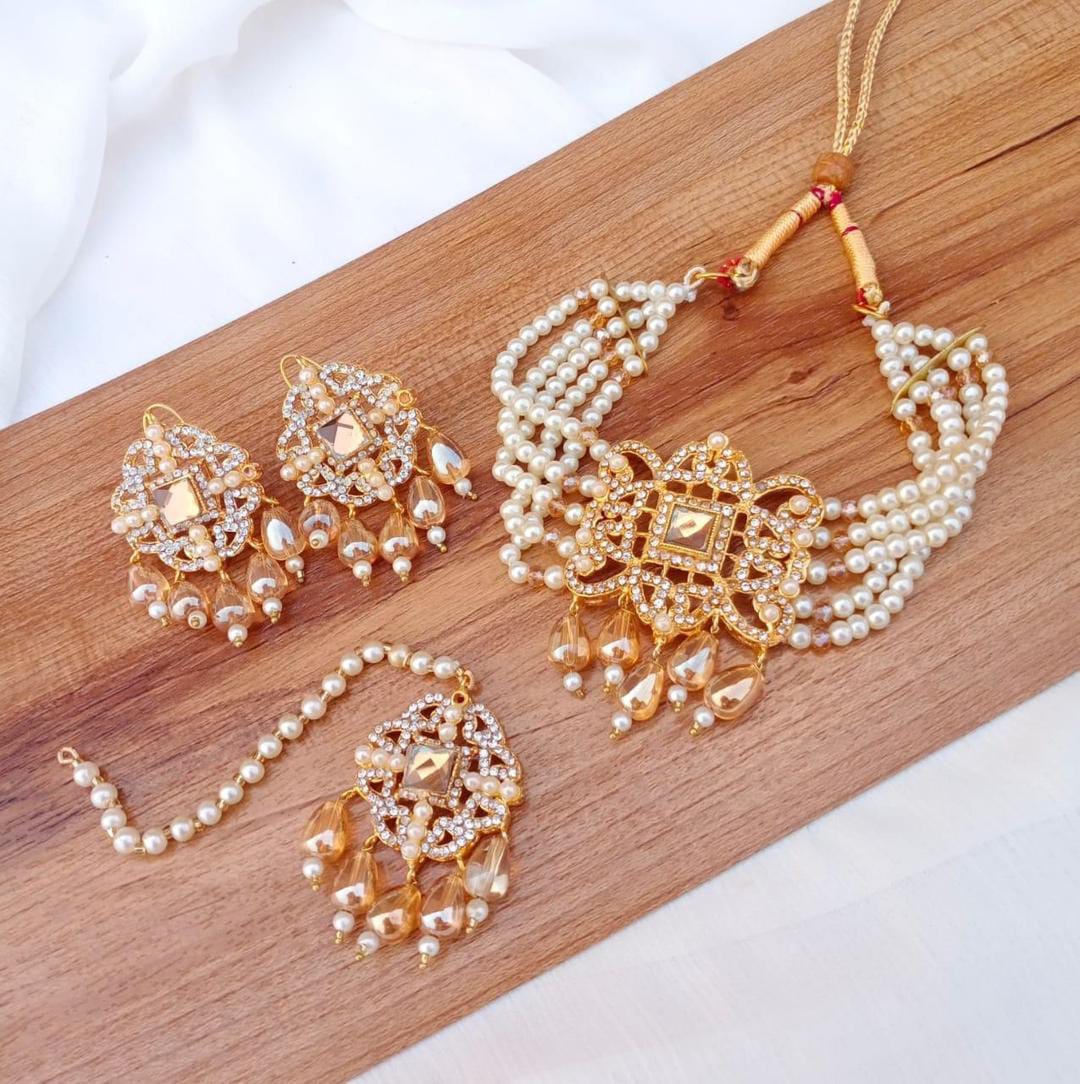 Fancy Gold Plated Artificial Stones Choker Set